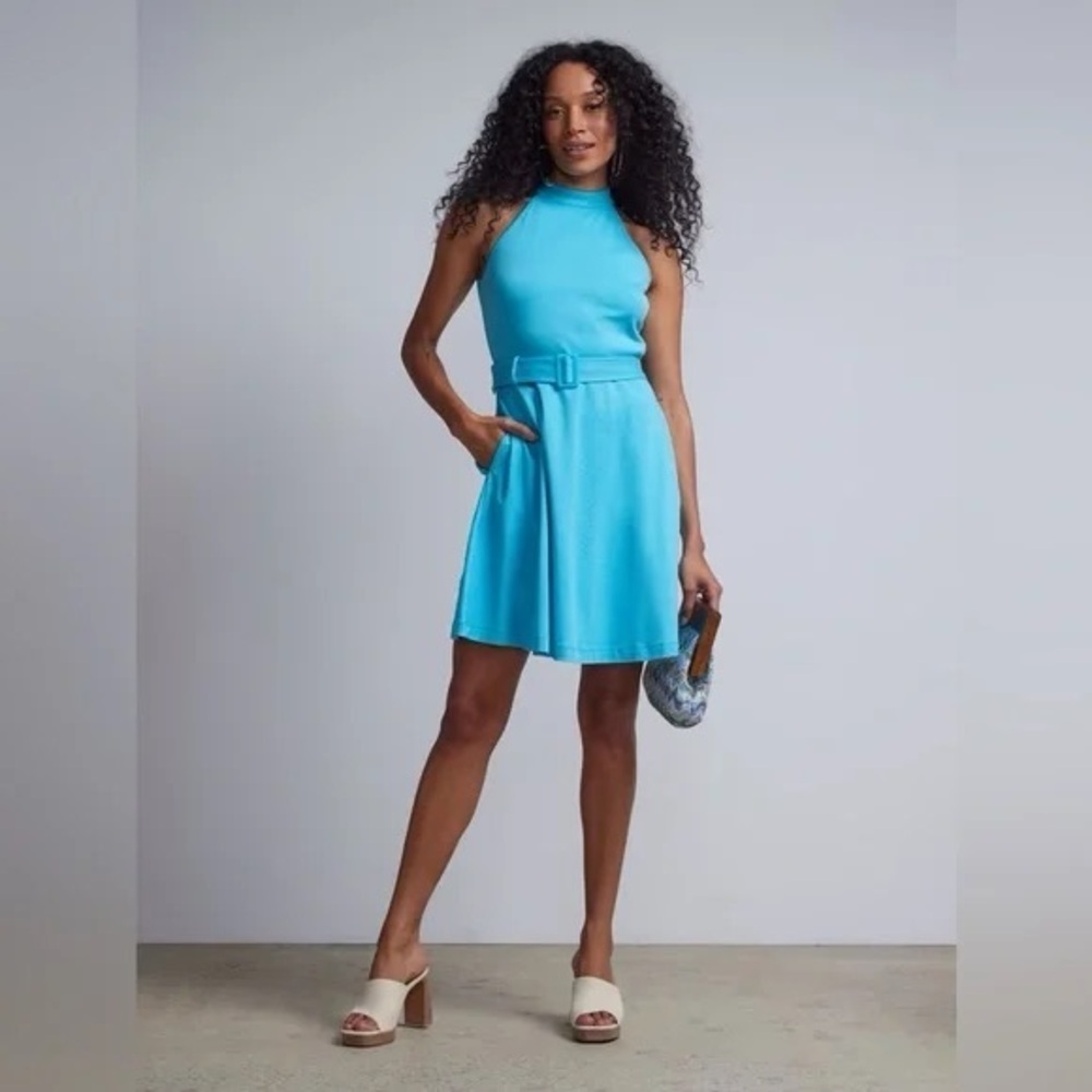 New York & Co. | Belted Halterneck Flare Dress - City Knits Petal Blue XL